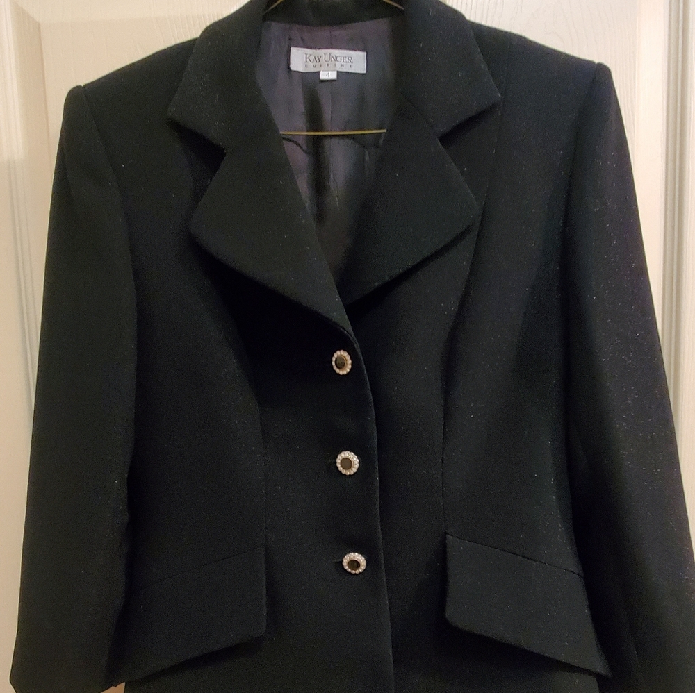 Kay Unger black sparkle metallic skirt suit jacket rhinestone buttons